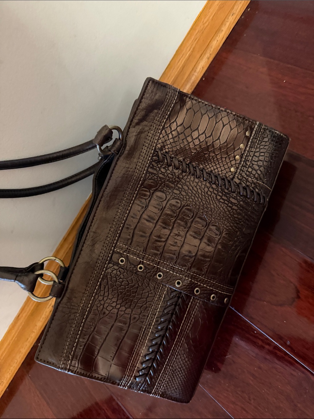 Women’s Dark Brown Croc-Embossed Shoulder Bag - Picture 2 of 3